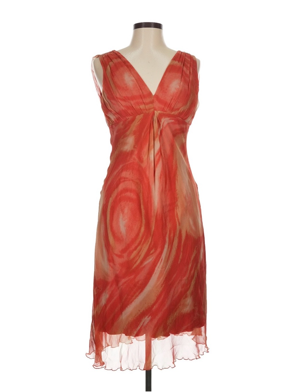 100% Silk Coral Swirl V-Neck Sleeveless Dress